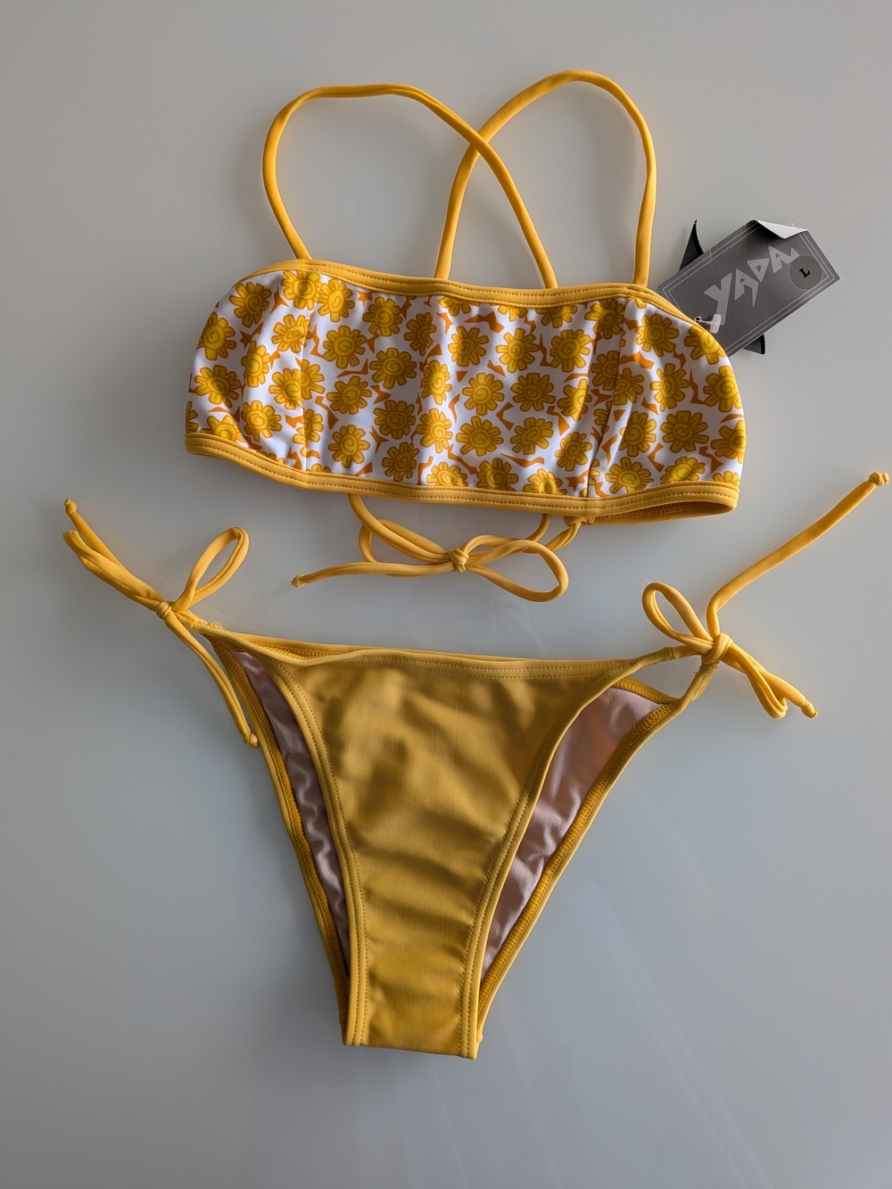 Yellow Floral Bandeau Crisscross Tie 2 Piece Bikini Set NWT NWT Swimwear